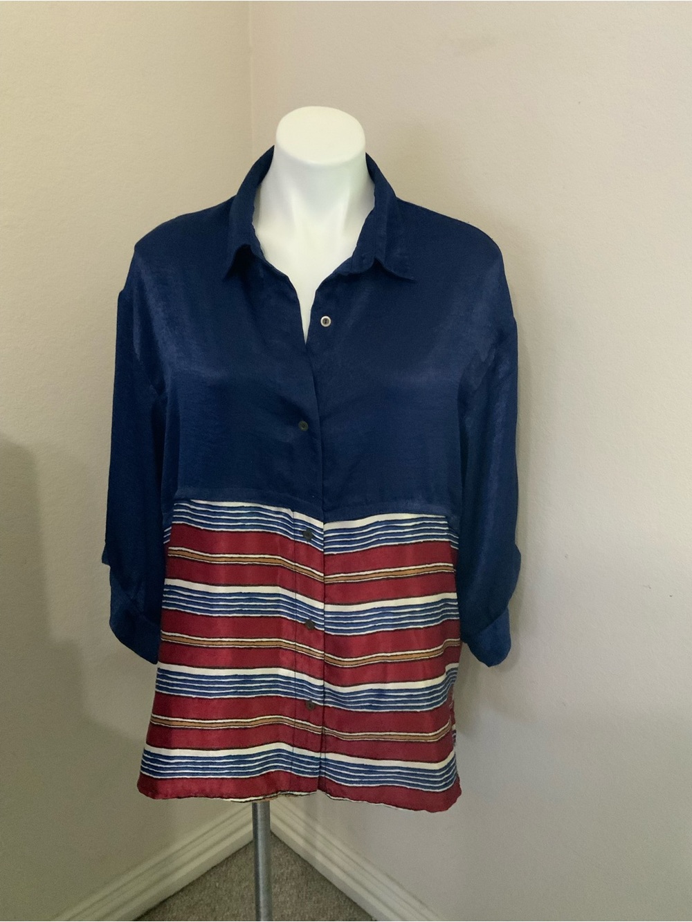 Umgee Navy Button-Down Top with Red Striped Panel